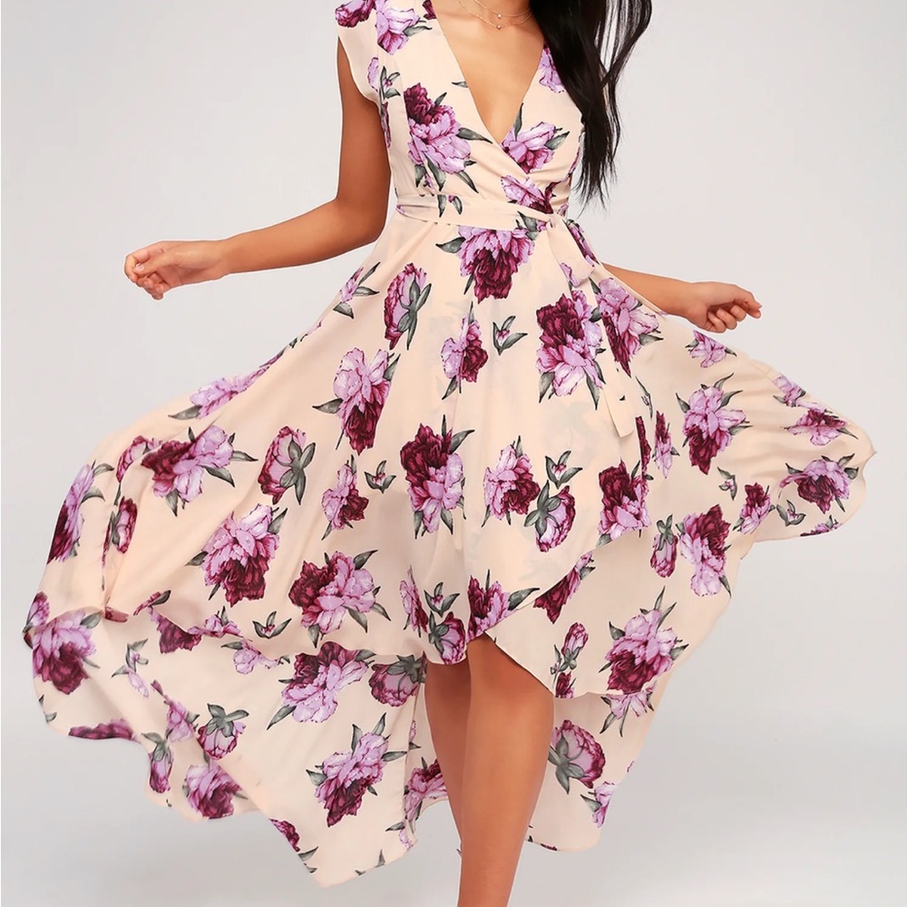 Lulu’s French Countryside Blush Floral Print High-Low Dress